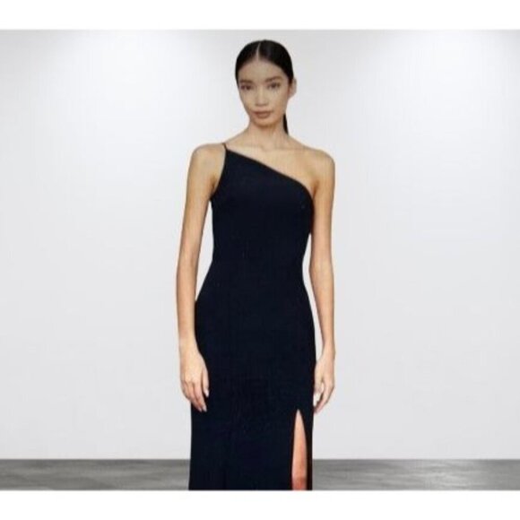 AMSALE Gown Black Satin Dress Maxi Prom Wedding One-shoulder Size 10 - Picture 2 of 10